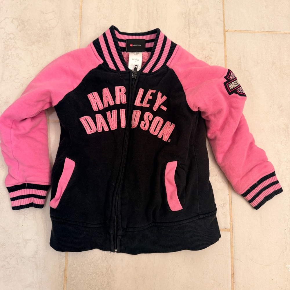 Harley Davidson Varsity Bomber Jacket Kids Size 5 Pink Black Fleece Lined Biker